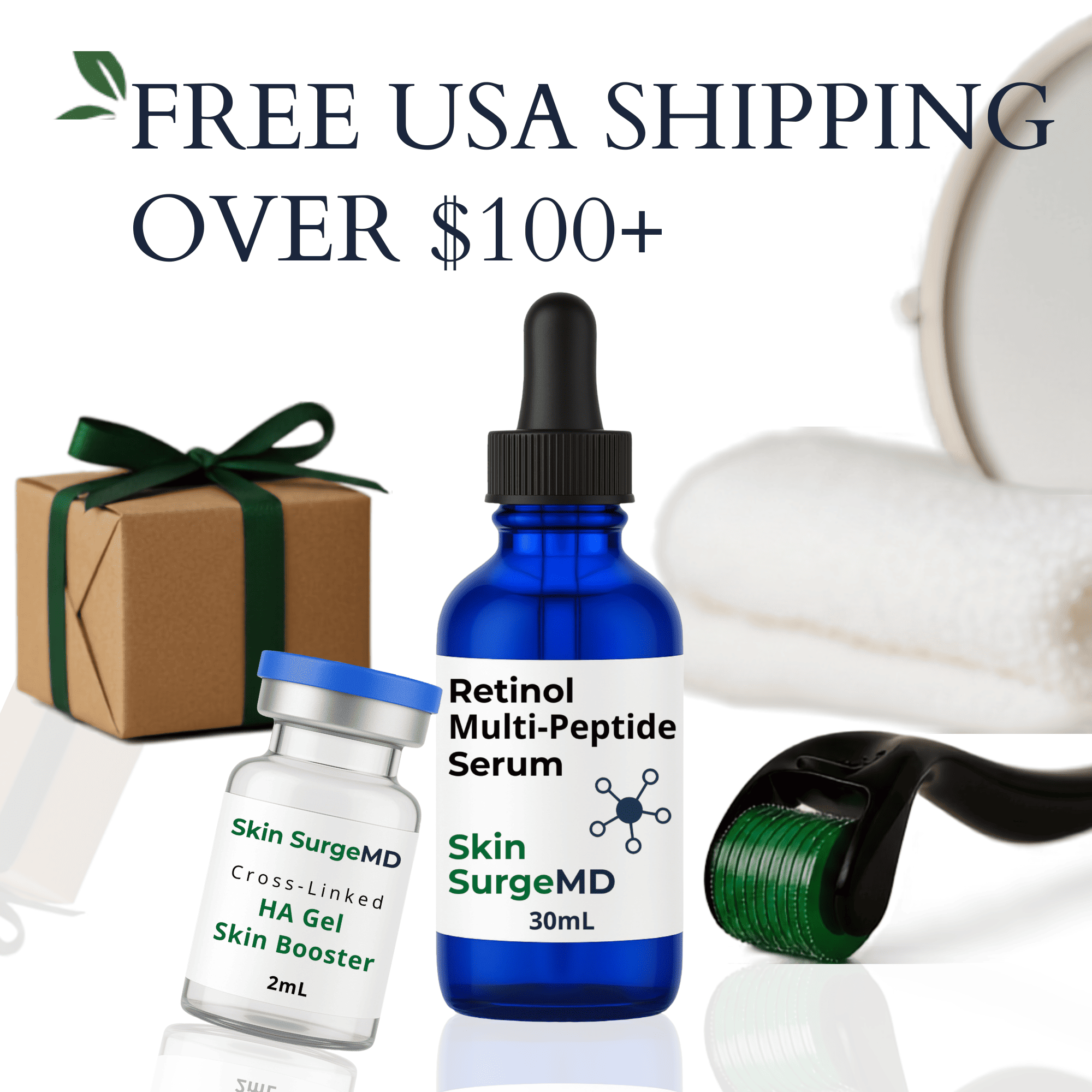A skincare bundle featuring a blue dropper bottle of Skin SurgeMD Retinol Multi-Peptide Serum, a small vial of Skin SurgeMD Cross-Linked HA Gel Skin Booster, a brown gift box with a green ribbon, a black and green derma roller, and a white towel, with promotional text reading 'FREE USA SHIPPING OVER $100+'.