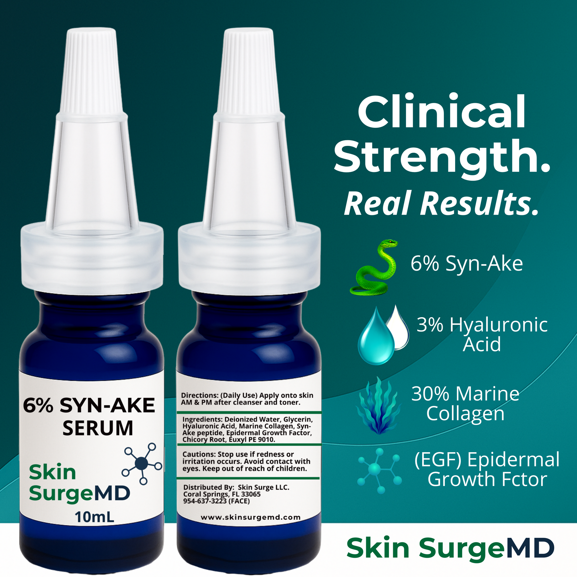 Two bottles of Skin SurgeMD 6% Syn-Ake Serum with product details on a green background.