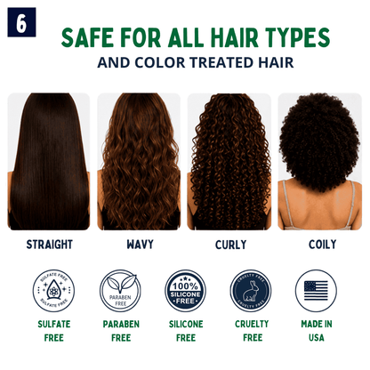 Informational graphic for a hair spray for hair loss showing four hair types labeled Straight, Navy, Curly, and Coily, with the headline 'SAFE FOR ALL HAIR TYPES AND COLOR TREATED HAIR' and several certification-style icons below.