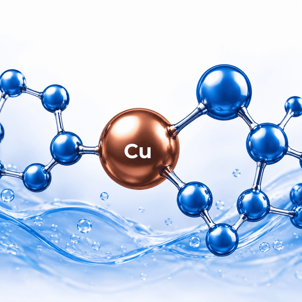 A 3D molecular model of a copper(II) ion bonded to blue spheres, with the text 'GHK-Cu' on the central copper sphere, set against a background of flowing blue water droplets on a white background.