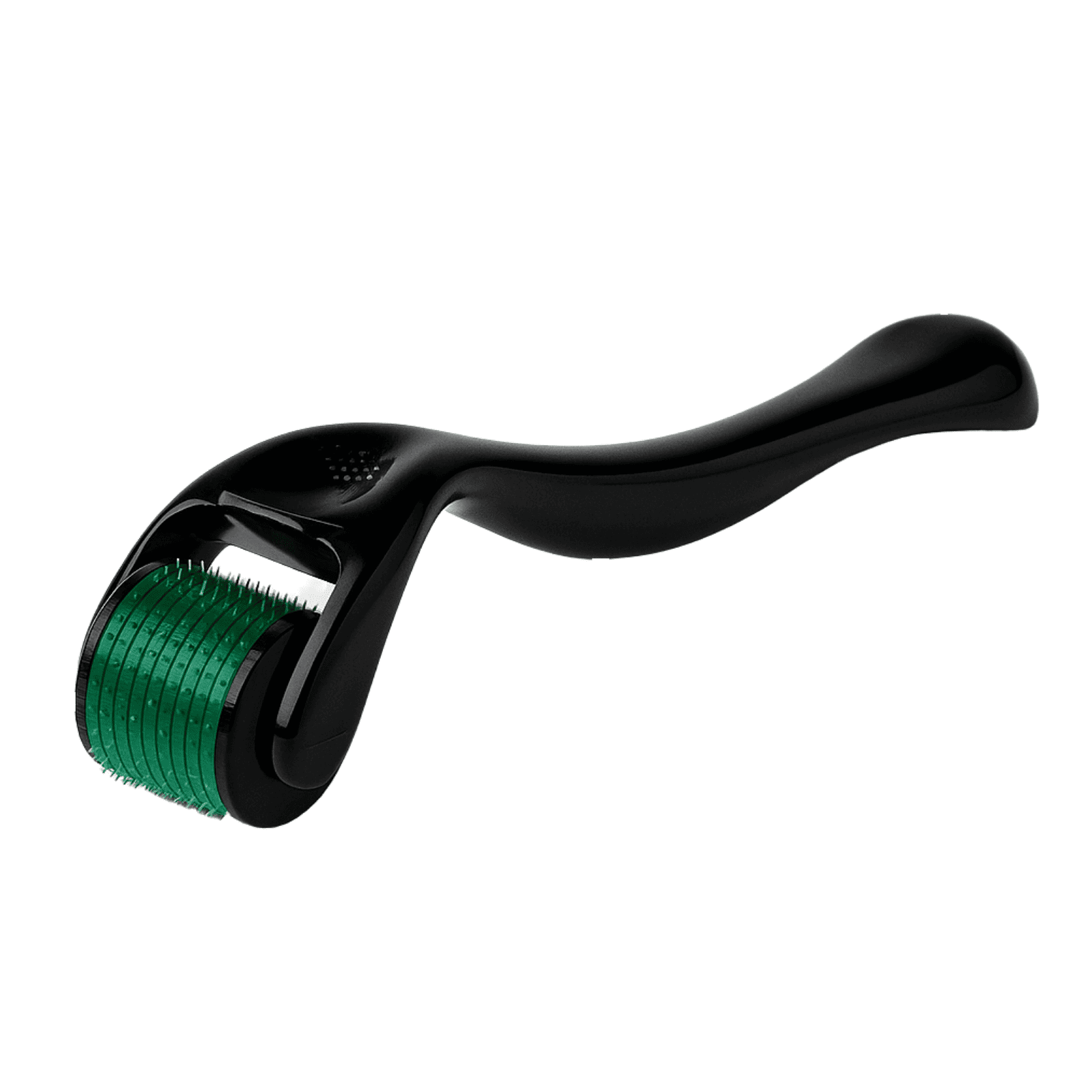 Black derma roller with green titanium microneedles – skincare tool for serum absorption and skin rejuvenation.