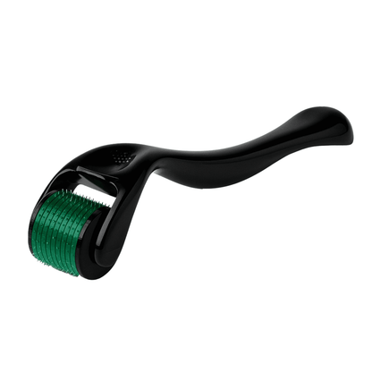 Black derma roller with green metallic head on a white background