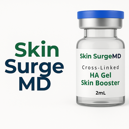 Skin SurgeMD 2mL crosslinked hyaluronic acid skin booster gel bottle on a white background