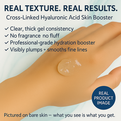 Skin SurgeMD crosslinked hya;uronic acid gel  skin booster real image booster applied to a hand with product details.