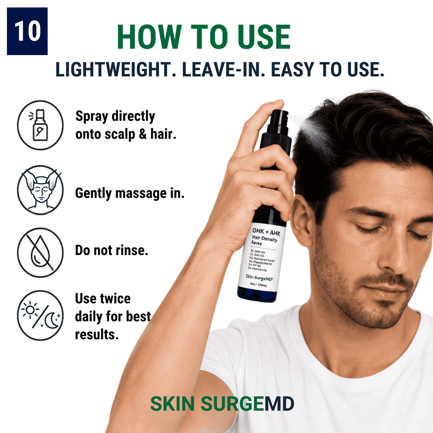 A man holding a Skin SurgeMD hair density spray bottle and spraying it on his hair, with text instructions on how to use ghkcu peptide the product on a white background.