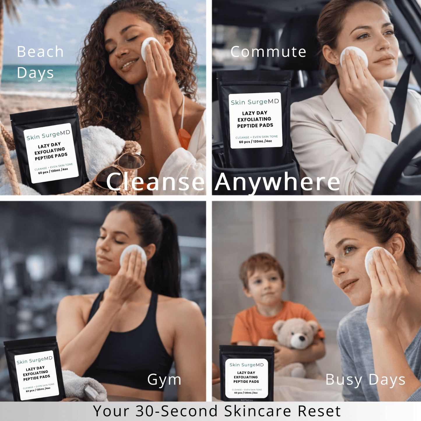 Woman using Skin SurgeMD Lazy Day Exfoliating Peptide Pads on the beach, in the car, in the gym, and taking care of kids.