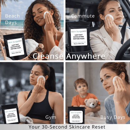 Woman using Skin SurgeMD Lazy Day Exfoliating Peptide Pads on the beach, in the car, in the gym, and taking care of kids.