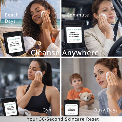 Collage of a woman using Skin SurgeMD Lazy Day Exfoliating Peptide Pads in various settings.