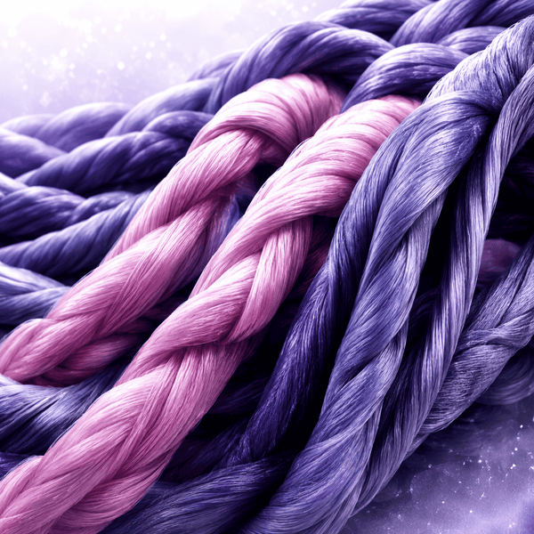 Close-up of thick twisted cords or ropes in shades of purple and pink, arranged diagonally against a soft lavender background with subtle sparkles for Matrixyl 3000.