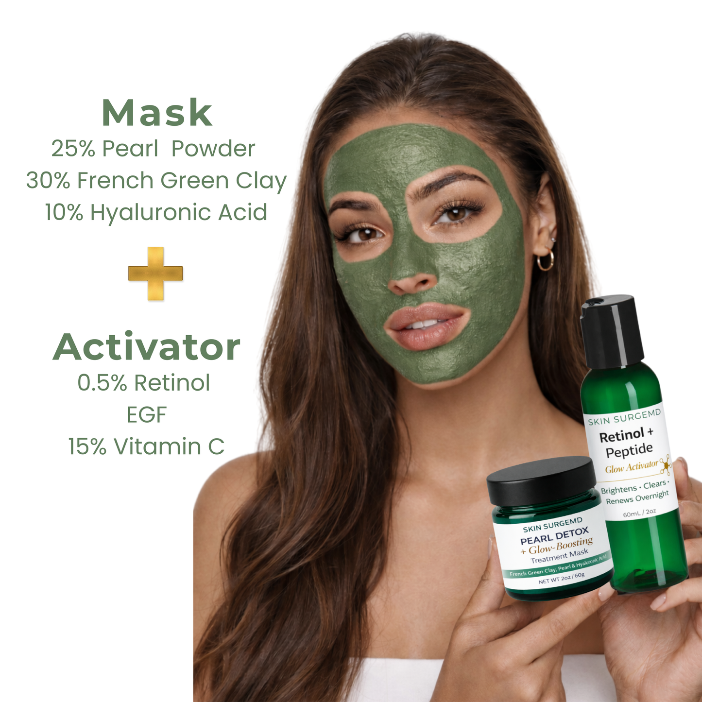 Woman wearing a french green clay face mask with retinol and hyaluronic acid sleeping mask products on a white background