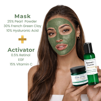 Woman wearing a french green clay face mask with retinol and hyaluronic acid sleeping mask products on a white background