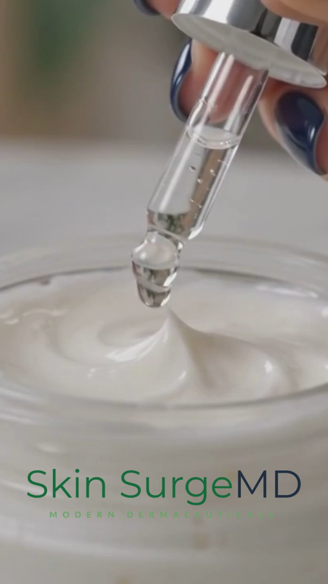 Close-up of Skin SurgeMD Snap-8 Peptide Concentrate being added to a white face cream with a dropper, demonstrating how to customize skincare with a concentrated anti-aging peptide booster.