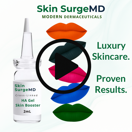 Skin SurgeMD Cross-Linked HA Gel Skin Booster video demonstrating filler-like plumping results, instant hydration, and pro-level skincare application.
