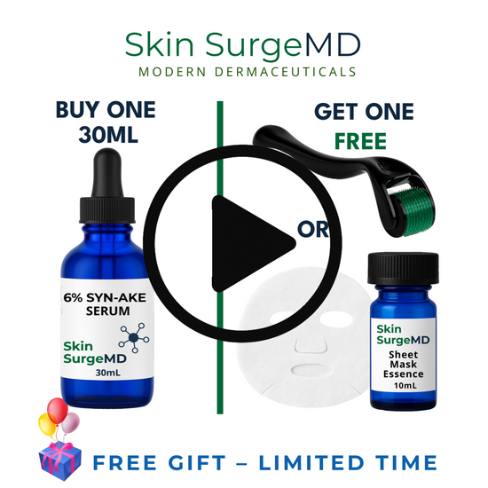 Demonstration of 6% Syn-Ake Serum by Skin SurgeMD showing daily use, derma roller, derma pen, and sheet mask application. Highlights wrinkle-reducing, hydrating, and firming benefits.