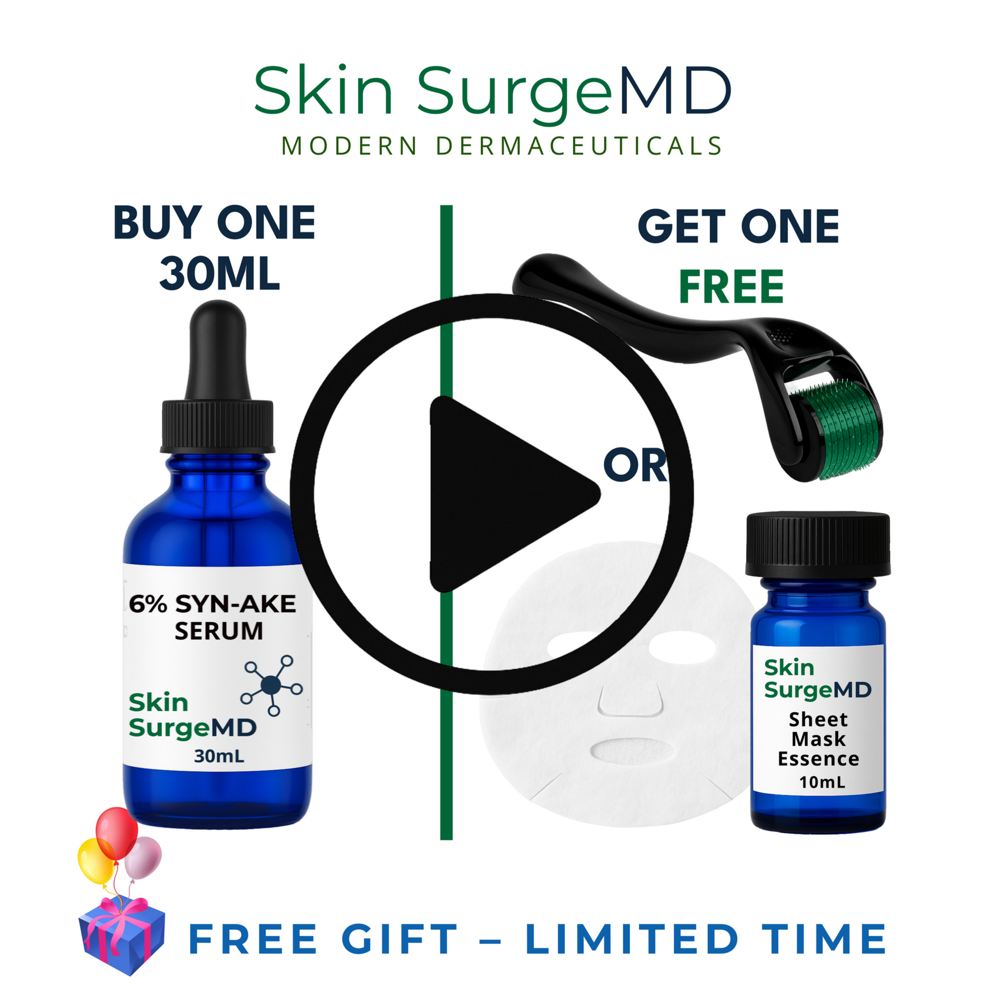 Demonstration of 6% Syn-Ake Serum by Skin SurgeMD showing daily use, derma roller, derma pen, and sheet mask application. Highlights wrinkle-reducing, hydrating, and firming benefits.
