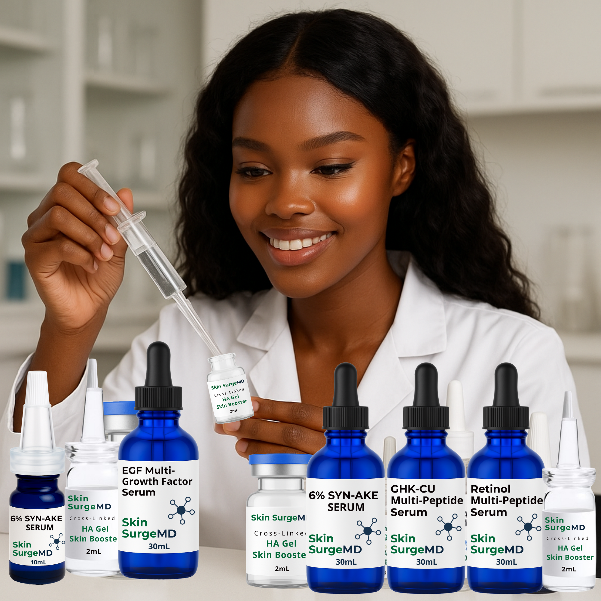 female scientist holding a dropper bottle with various Skin SurgeMD products displayed on a counter.