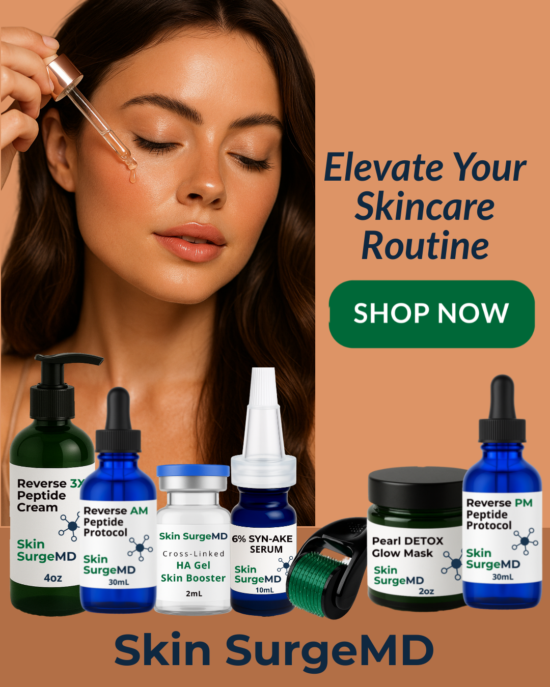 Skin SurgemD product lineup with a woman applying serm dropper to her face. Includes Reverse 3X Peptide Cream, AM/PM Peptide Protocols Serums, Cross-linked HA Gel Booster, Syn-Ake Serum, Pearl Detox Glow Mask, and 1.0mm derma roller. Text reads 'Elevate Your Skincare Routine' with a green 'Shop Now' button.