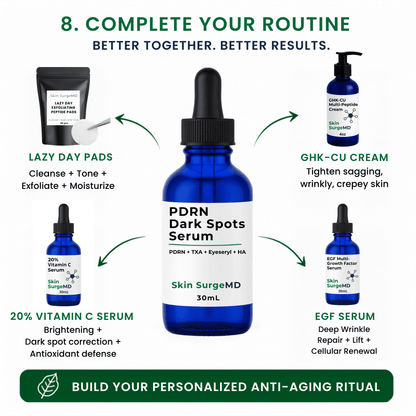 Skin SurgeMD skincare routine infographic centered on a blue dropper bottle labeled PDRN Dark Spots Serum, with surrounding product callouts and text for Lazy Day Pads, GHK-CU Cream, 20% Vitamin C Serum, and EGF Serum on a white background.
