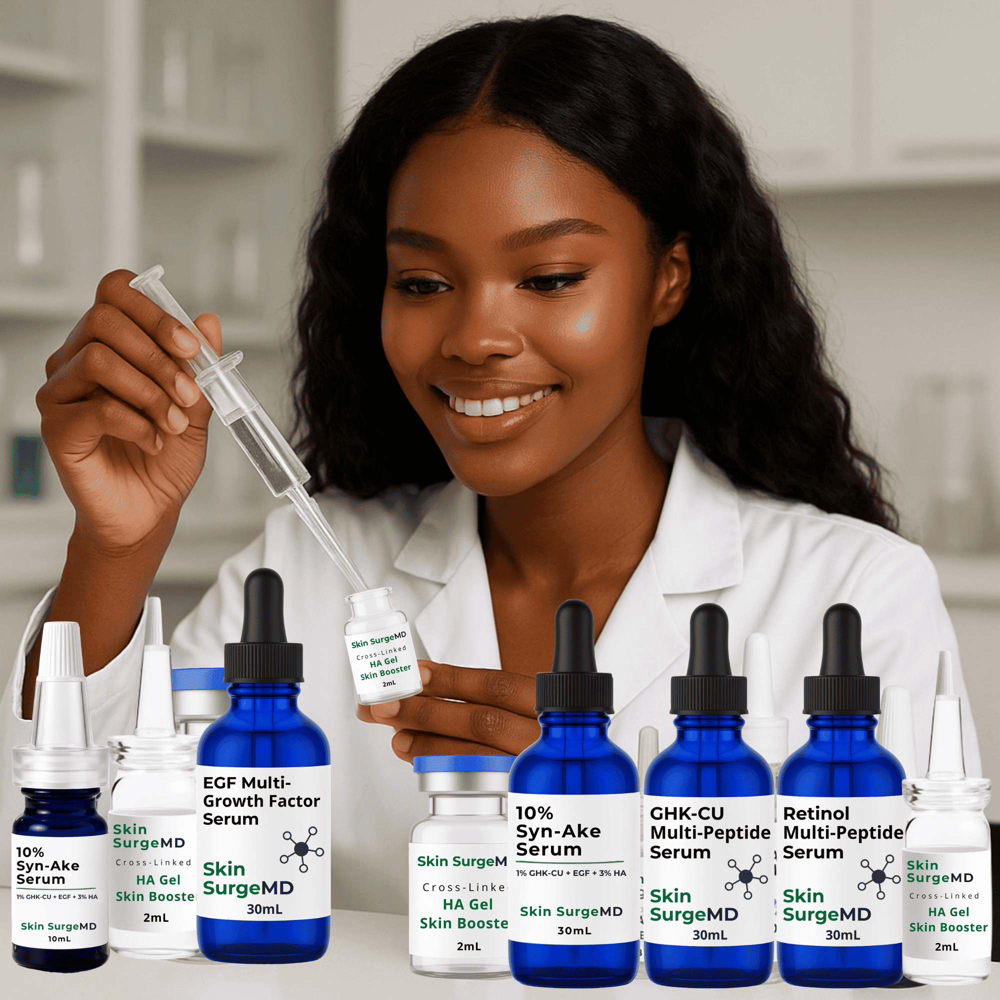 A woman in a white lab coat holds a small dropper bottle while surrounded by multiple skincare serum bottles labeled Skin SurgeMD, including blue and white bottles with text such as 10% 5nm-Ake Serum and EGF Multi-Growth Factor Serum.