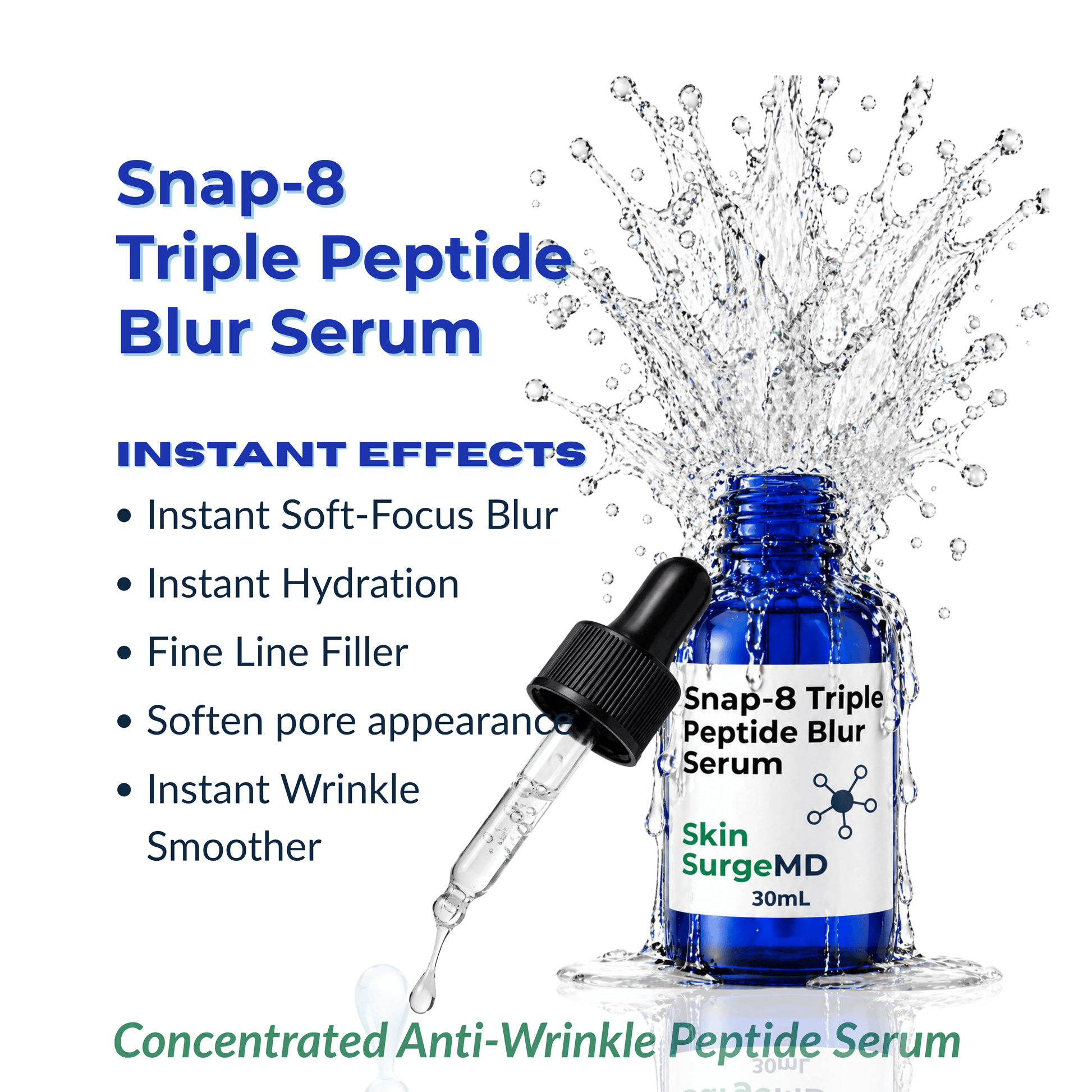 Snap-8 Triple Peptide Blur Serum bottle with dropper and product benefits text on a white background