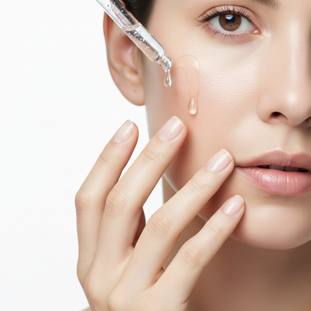 woman with hyaluronic acid serum on her face showing <strong>Deep Hydration and barrier support.
