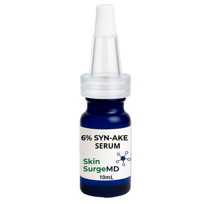 Front view of Skin SurgeMD 6% Syn-Ake Serum 10ml bottle with clear trumpet horn cap and clinical label design.