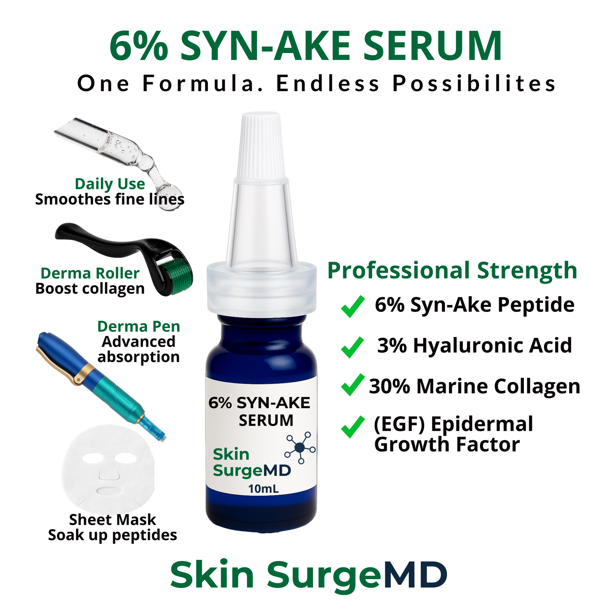 6% Syn-Ake Serum bottle with application tools and product details on a white background