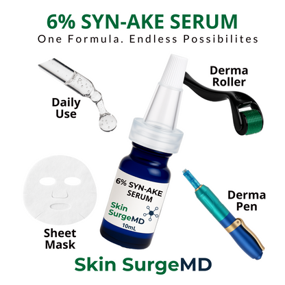 6% SYN-AKE Serum with derma roller, pen, and sheet mask on a white background