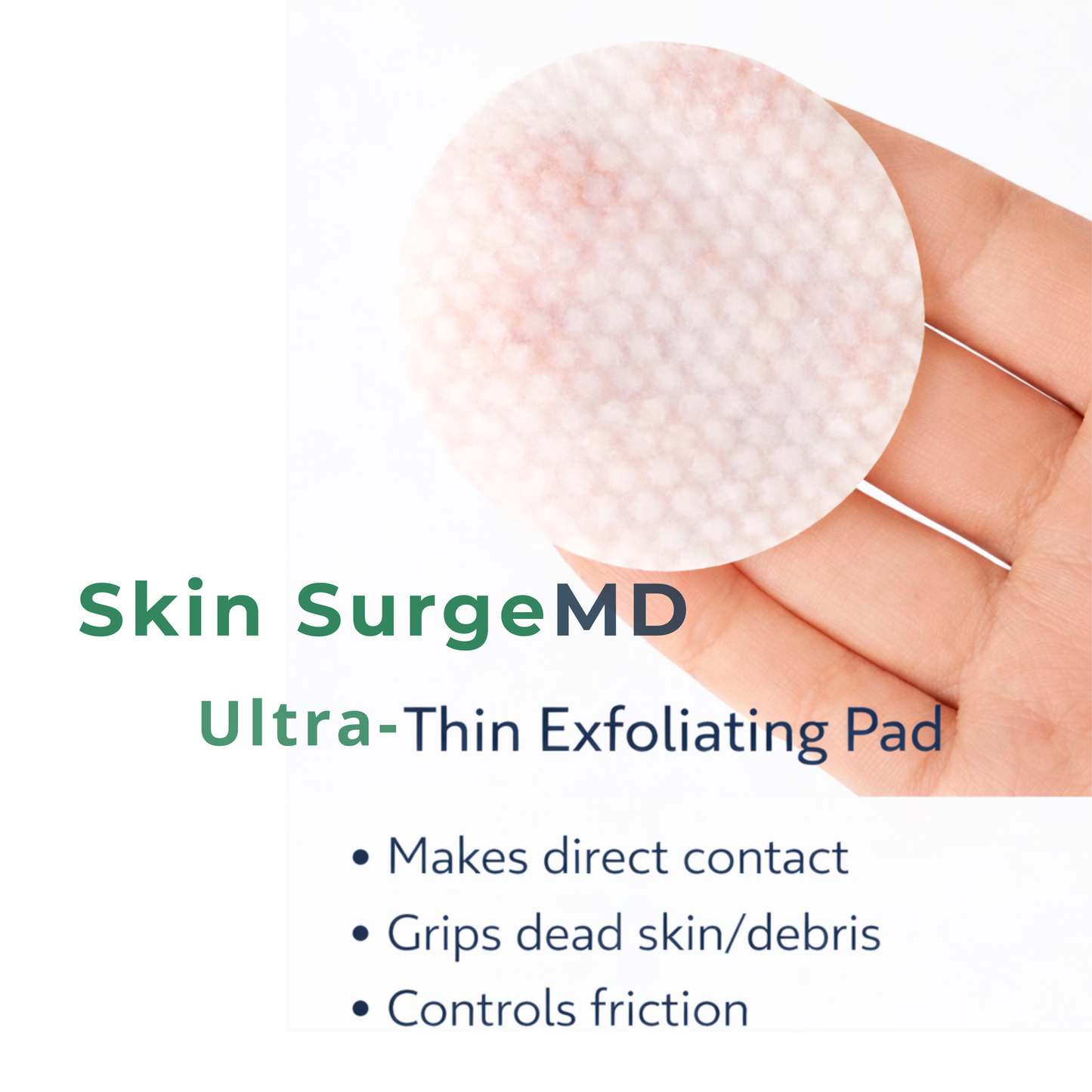 Skin SurgeMD ultra-thin exfoliating pad held by a hand with product details on a white background.