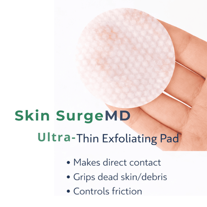 Skin SurgeMD ultra-thin exfoliating pad being used on skin with product name and features displayed.