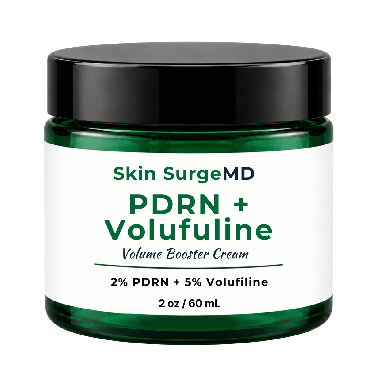 A 2 oz (60 mL) jar of Skin SurgeMD PDRN + Volufuline Volume Booster Cream. The product features a dark green translucent glass jar with a black screw-on lid and a white paper label with green and black text. 