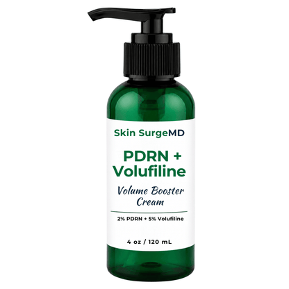 A 4 oz (120 mL) dark green pump bottle of Skin SurgeMD PDRN + Volufiline Volume Booster Cream, featuring a white label and black pump dispenser, set against a plain white background.