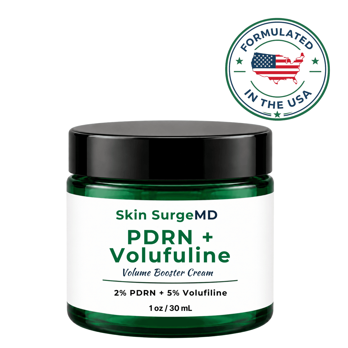 A 1 oz jar of Skin SurgeMD PDRN + Volufuline Volume Booster Cream, featuring a dark green translucent jar, a black lid, and a white label with green text. A circular 'Formulated in the USA' badge is displayed in the upper right corner against a solid white background.